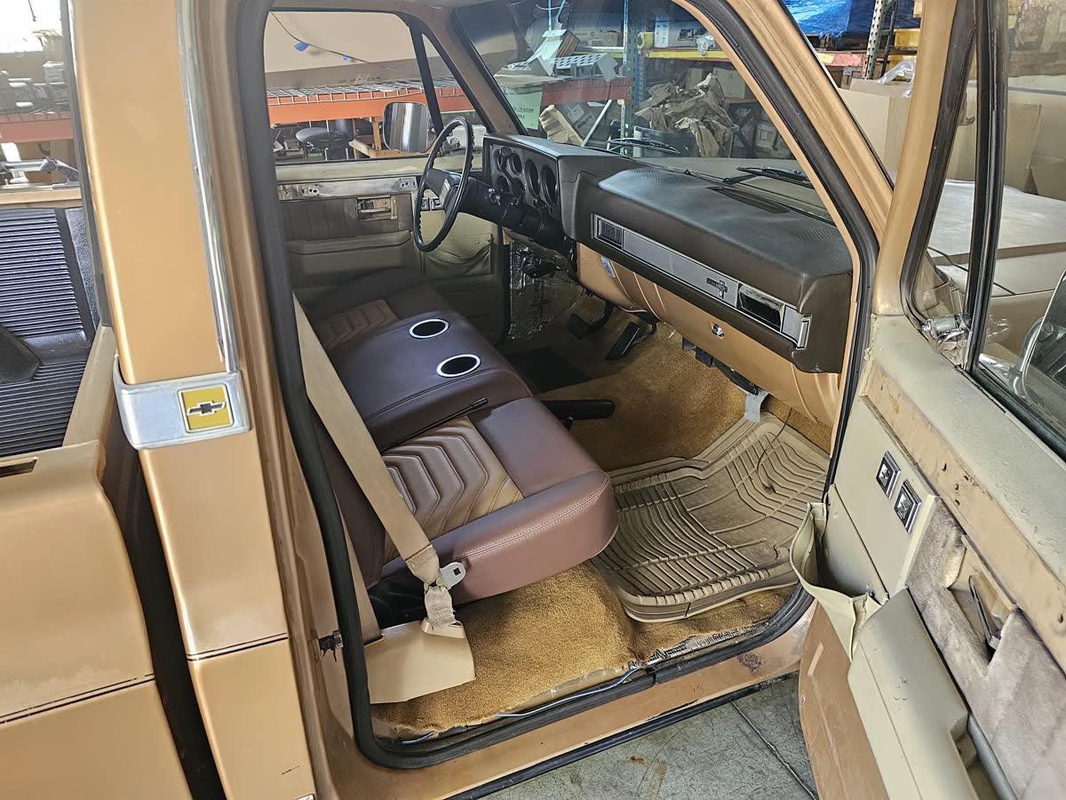 Squarebody cab interior showing trim and fitment work in progress